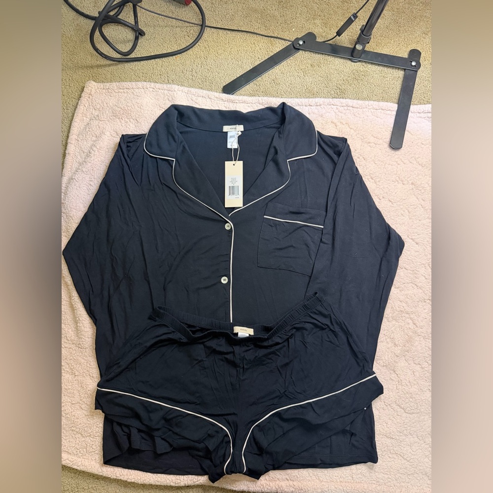 Eberjey Black Pajama Set with White Trim - Picture 2 of 6